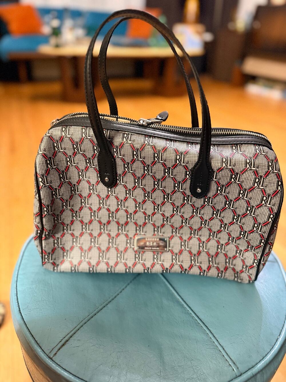 Lauren Ralph Lauren RL Monogram Satchel Bag Gray Black Red Zip Top